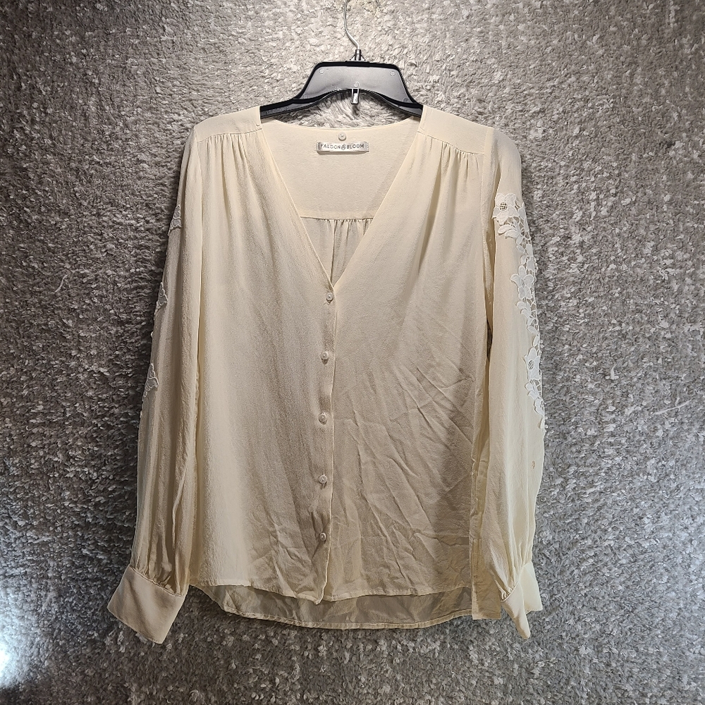 FALCON & BLOOM Tan Long Sleeve Crochet Floral Sleeve Semi-sheer Tan Beige